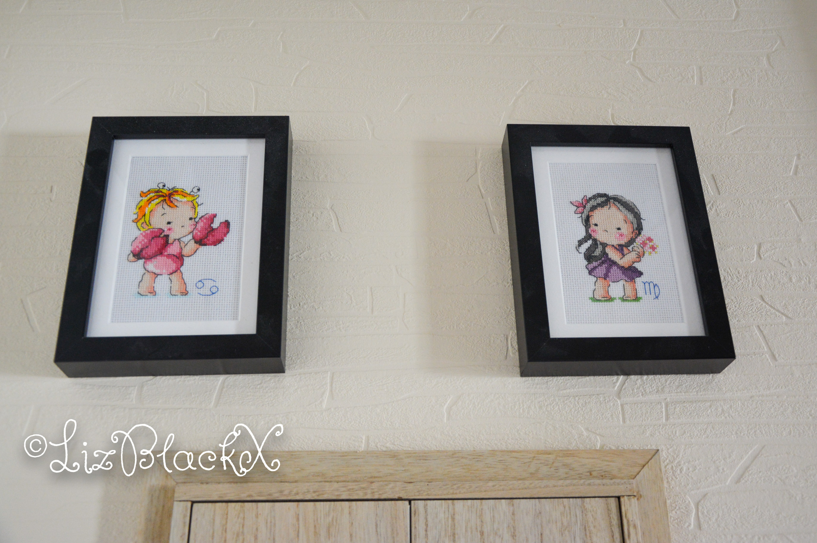 Two cross-stitch pieces of Zodiac signs Cancer and Virgo

Copyright Liz BlackX