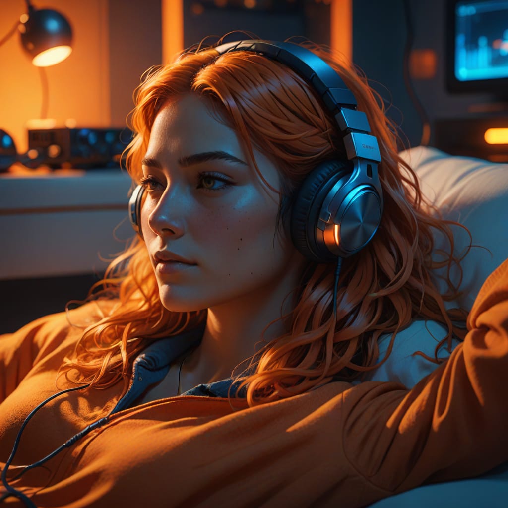 Picture of a woman listening to headphones created with Nightcafe.studio